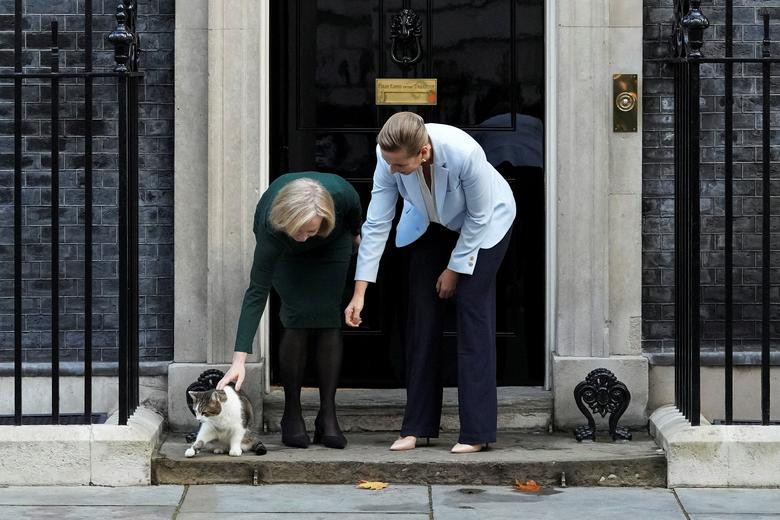 Thủ tướng Liz Truss và người đồng cấp Đan Mạch Mette Frederiksen bên chú mèo Larry ở phố Downing, London, Anh hôm 1/10.