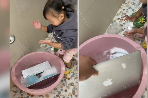 'Dở khóc dở cười' khi con gái 2 tuổi mang laptop của bố đi rửa cho sạch