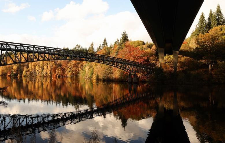 Những tán lá mùa thu được phản chiếu trên hồ Loch Faskally gần Pitlochry, Scotland.
