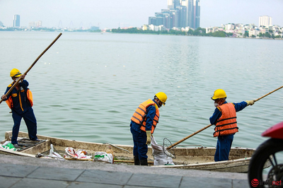 Hà Nội: Hàng chục công nhân vớt cá chết, làm sạch không khí và môi trường hồ Tây