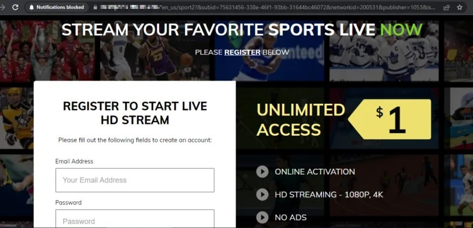 Một trang web phát trực tuyến World Cup yêu cầu người dùng phải nhập thông tin để xem (Ảnh chụp màn hình).