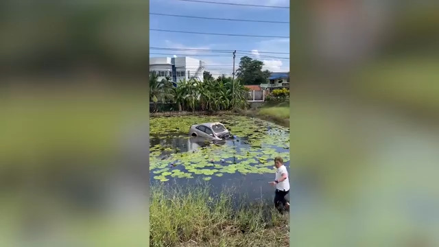 Người đi đường mạo hiểm cứu tài xế mắc kẹt trong chiếc ô tô dần chìm xuống ao