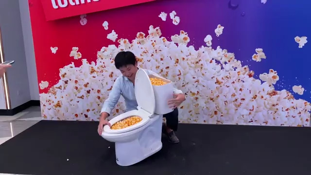 Vác cả bồn toilet, thùng chứa 1.600 lít tới rạp chiếu phim để đựng bỏng ngô