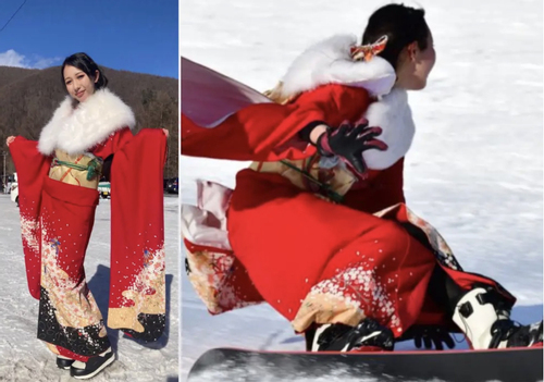 Video thiếu nữ diện kimono đỏ 'bay' trên tuyết trắng gây sốt