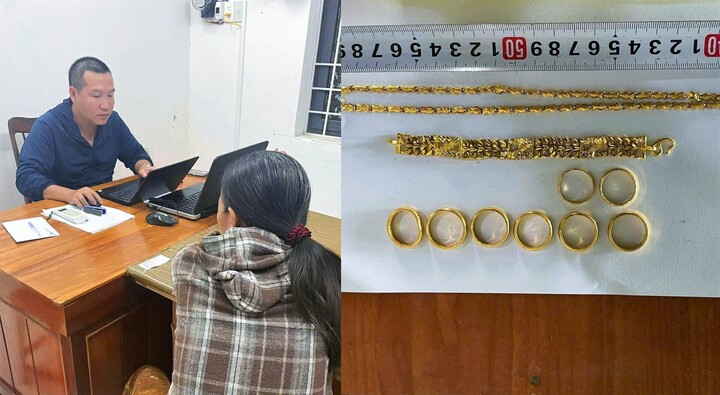 Võ thị Toàn cùng tang vật vụ trộm. (Ảnh: Công an cung cấp)