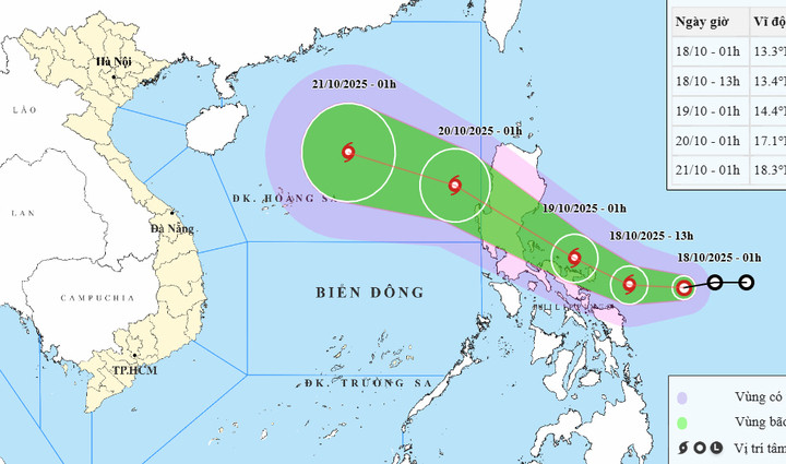 Dự báo đường đi và khu vực ảnh hưởng của áp thấp nhiệt đới gần Biển Đông sắp mạnh thành bão. (Nguồn: NCHMF)