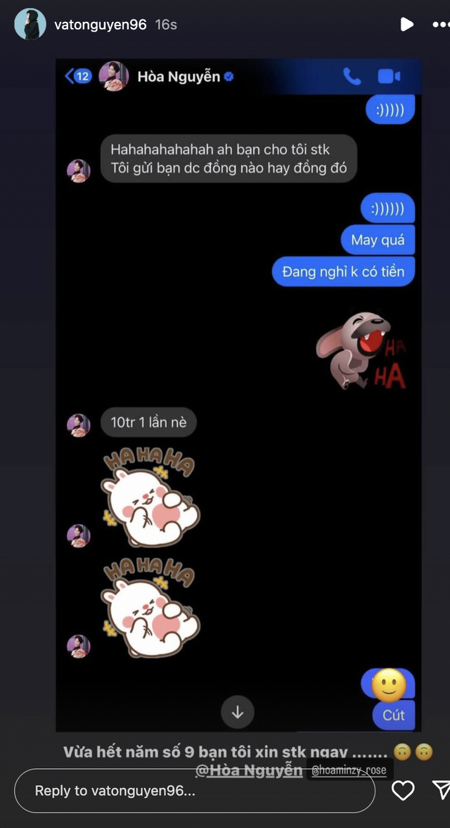 Hòa Minzy nhắn tin xin số tài khoản để trả nợ phản ứng tức giận của Văn Toàn gây xôn xao MXH