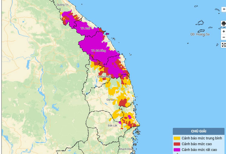 Bản đồ nguy cơ lũ quét, sạt lở đất đá trên các khu vực. (Nguồn: NCHMF)