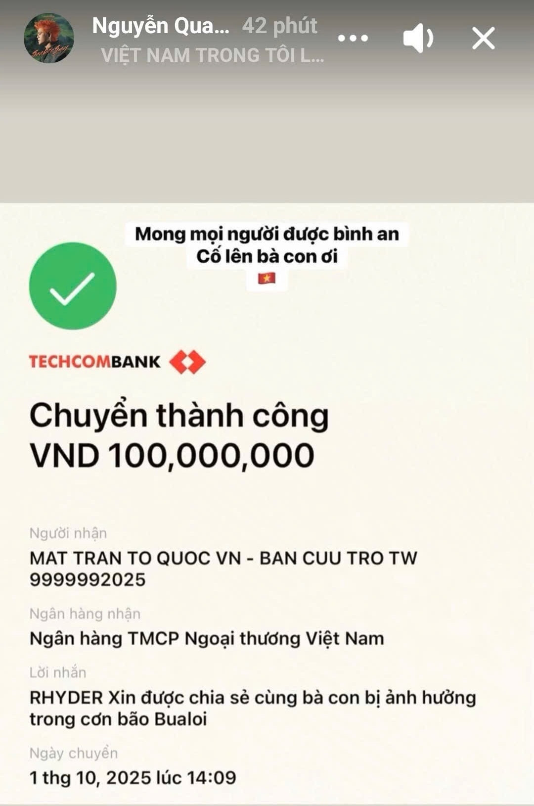 Quán quân The Voice Kids Quang Anh Rhyder liên tiếp ủng hộ số tiền lớn cho bà con vùng bão lũ