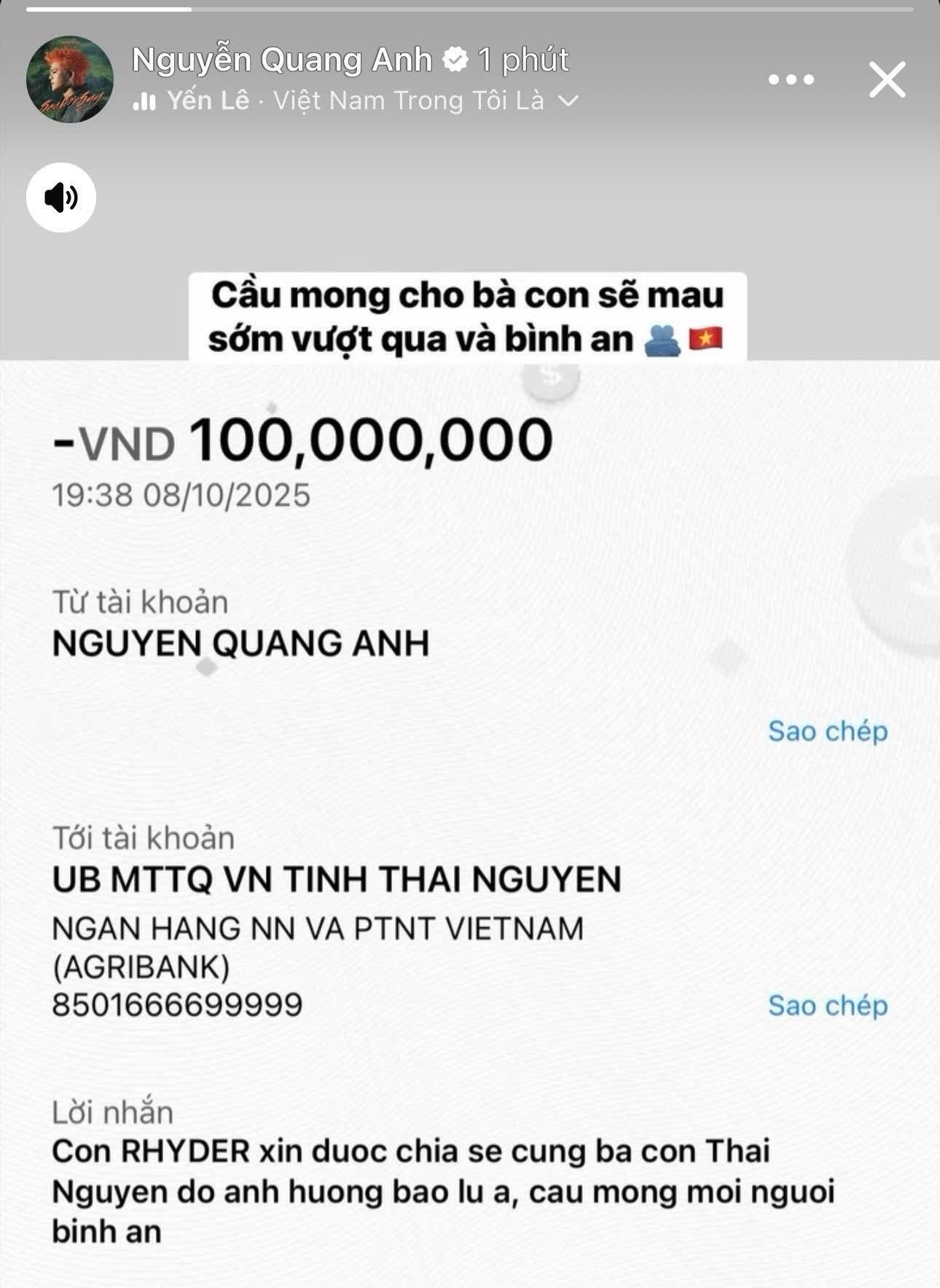 Quán quân The Voice Kids Quang Anh Rhyder liên tiếp ủng hộ số tiền lớn cho bà con vùng bão lũ