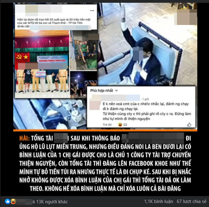 Tổng tài từng ra lệnh đánh người bị bóc phốt làm màu nhận vơ từ thiện bà con vùng lũ