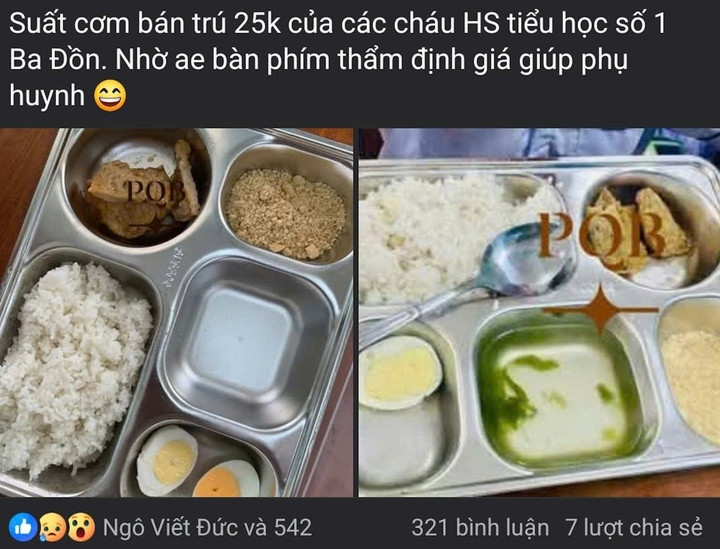 Hình ảnh bữa cơm bán trú được cho là của trường Tiểu học số 1 Ba Đồn được đăng tải lên mạng xã hội khiến dư luận xôn xao