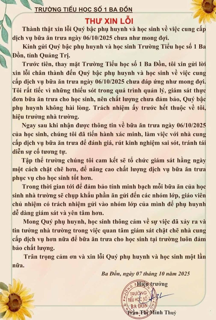 Lá thư xin lỗi của bà Trần Thị Minh Thuỷ - Hiệu trưởng trường Tiểu học số 1 Ba Đồn gửi tới phụ huynh và học sinh