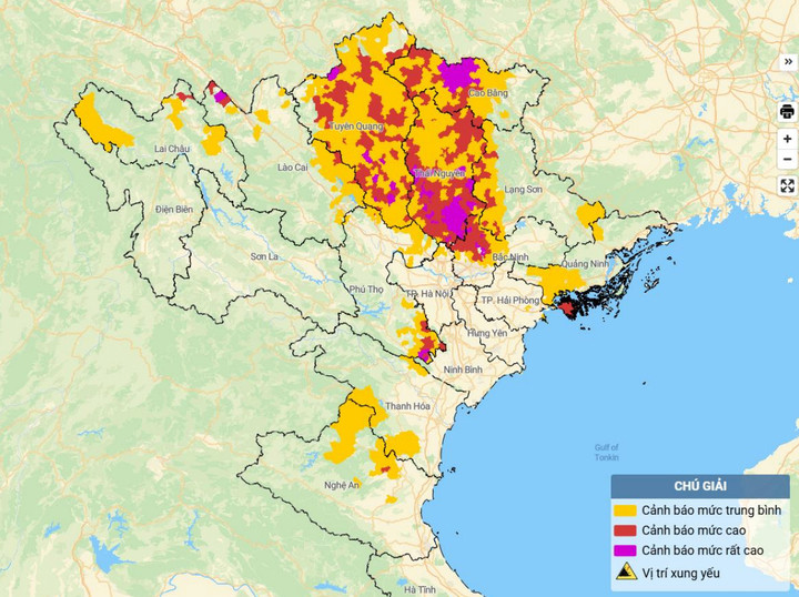 Bản đồ nguy cơ lũ quét, sạt lở đất đá trên các khu vực. (Nguồn: NCHMF)