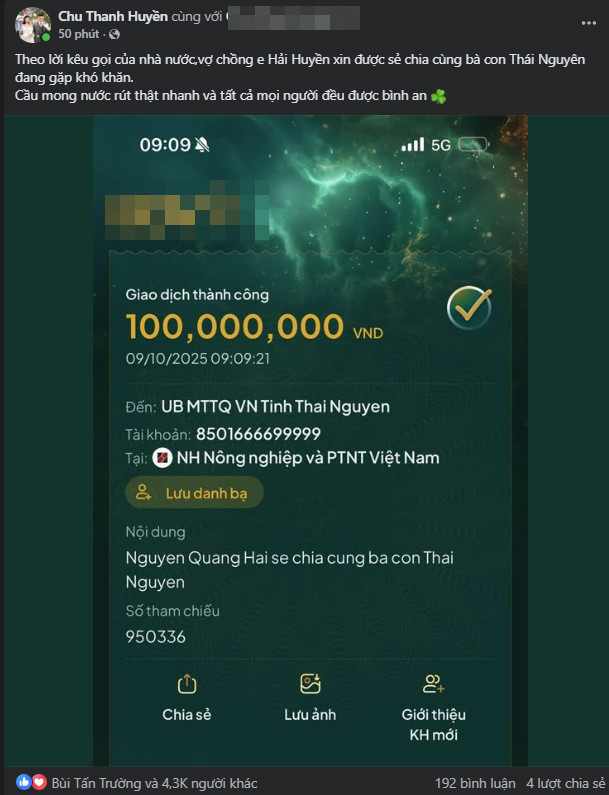 Quang Hải chi số tiền cực lớn ủng hộ 5 tỉnh thiệt hại nặng nề vì mưa bão