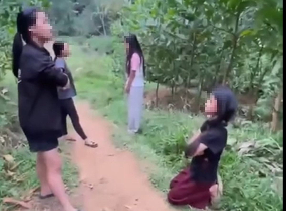 Xôn xao clip nhóm nữ sinh hành hung 2 em nhỏ, bắt quỳ gối - Ảnh 3.