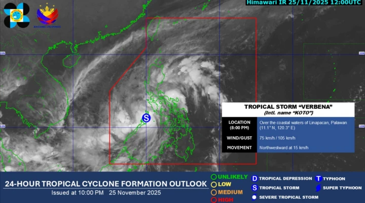 Bão Nhiệt đới với tên quốc tế là ‘Koto’ và đang được theo dõi trong Vùng Nhận diện Thiên tai của Philippines, tính đến 22h ngày 25/11/2025. Ảnh: GMA Integrated News