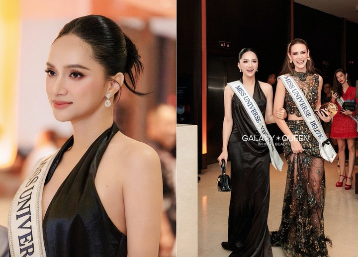 Khi dự bữa tiệc, Hương Giang xuất hiện với bộ váy sang trọng, khoe sắc vóc và phong thái tự tin. Mái tóc búi cao cùng lối trang điểm sắc sảo giúp tôn lên gương mặt thanh thoát của người đẹp.