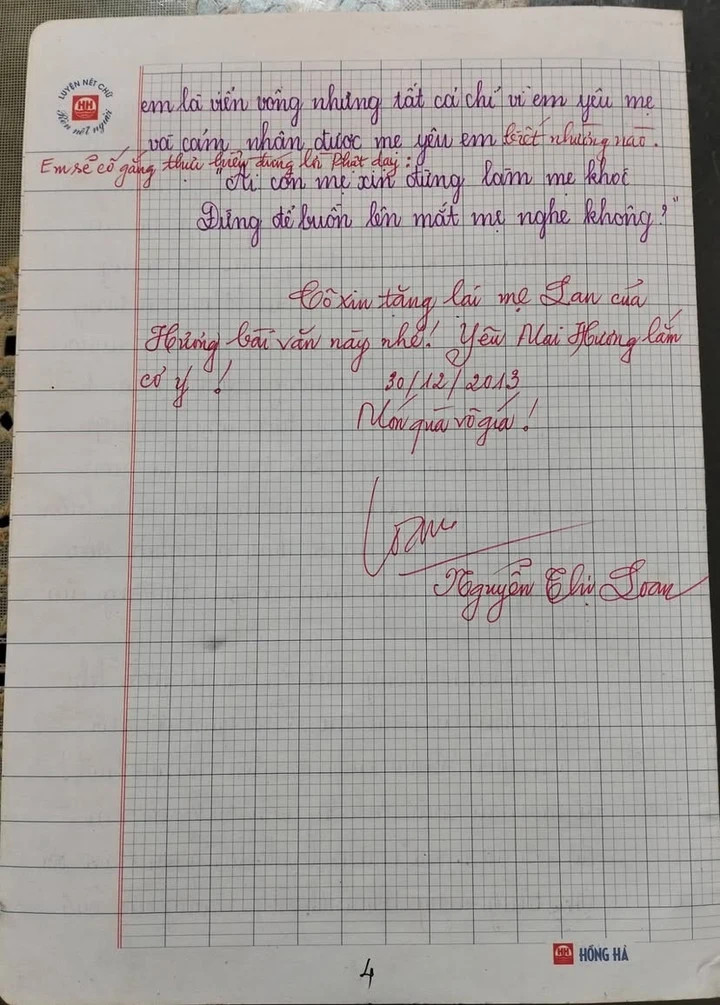 Lời nhận xét của cô giáo dành cho bài văn.