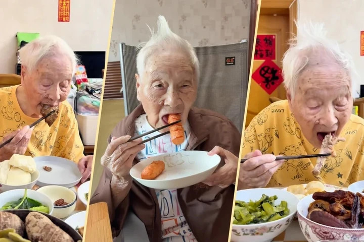 Cụ bà 100 tuổi ở Trung Quốc gây sốt mạng xã hội khi làm vlog ẩm thực. (Ảnh: Douyin)