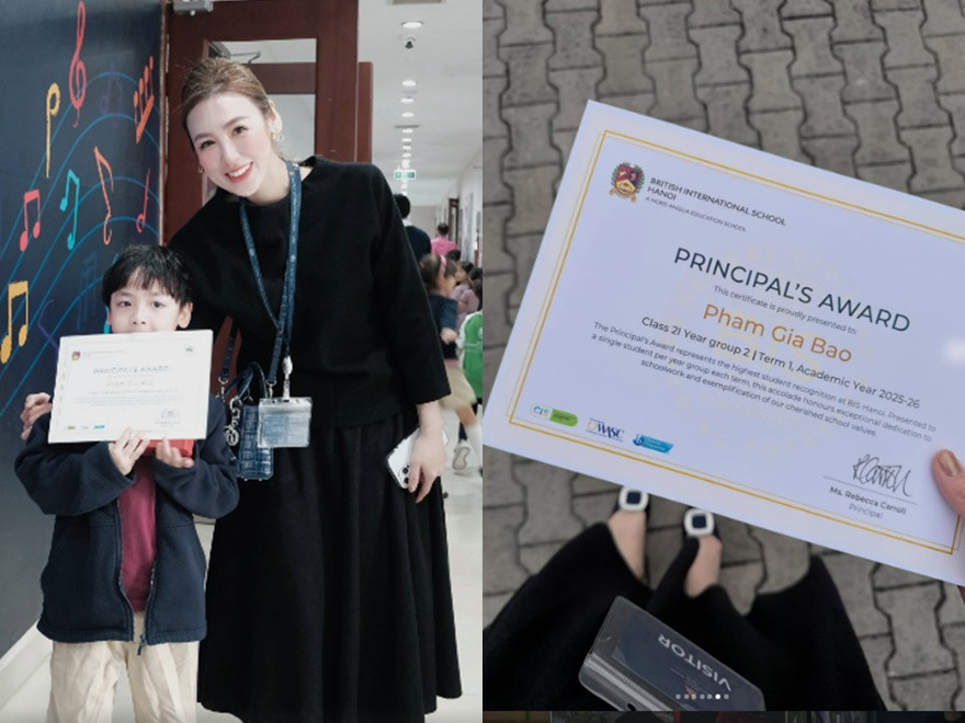 Á hậu Tú Anh khoe con trai tròn 7 tuổi kháu khỉnh bên bố và ông