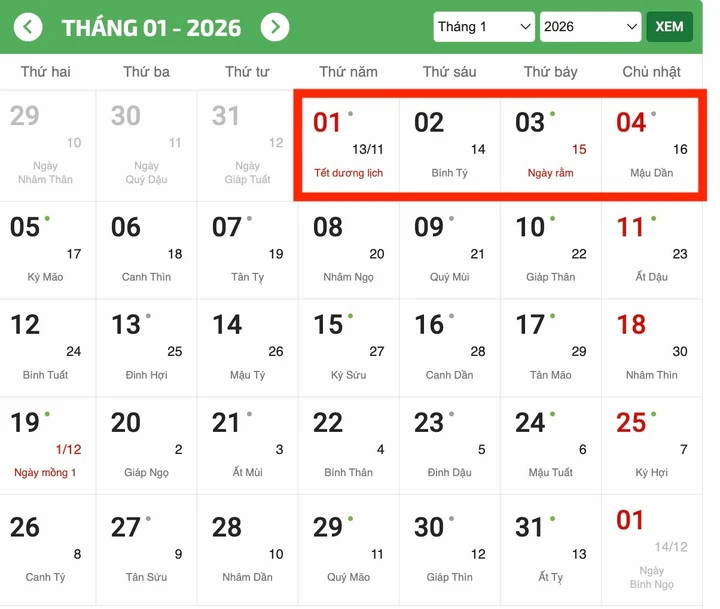 Tết Dương lịch 2026 liên tiếp 4 ngày thay vì 1 ngày như quy định. (Ảnh chụp màn hình)