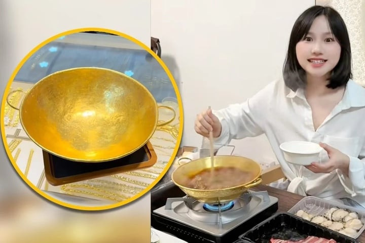Chủ tiệm vàng ăn lẩu trên chiếc nồi bằng vàng nặng 1kg. (Ảnh: SCMP)