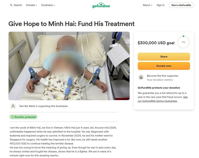 Thông tin về bé Bắp tiếp tục xuất hiện trên trang quyên góp GoFundMe. Ảnh: Phụ Nữ Số