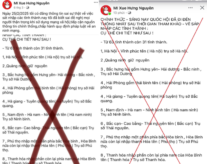 Tài khoản facebook Mi Xue Hưng Nguyên đăng thông tin sai sự thật về sáp nhập tỉnh
