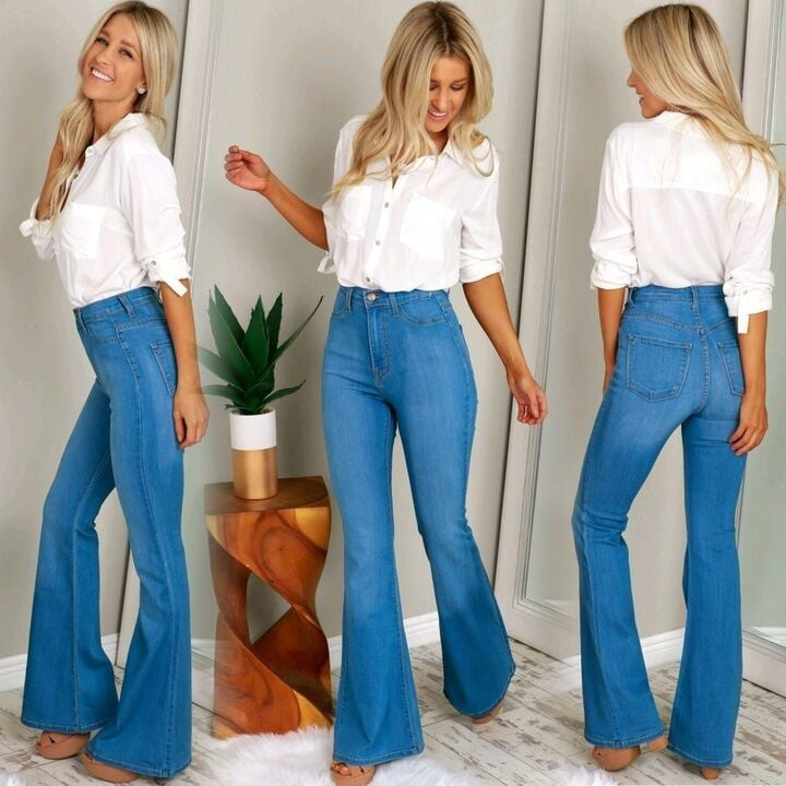 Quần jeans ống loe là lựa chọn lý tưởng cho người chân cong. (Ảnh: Pinterest)