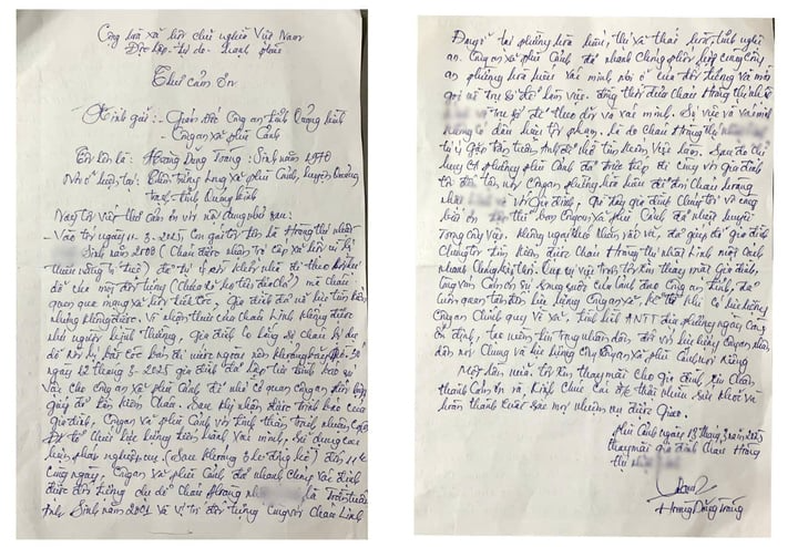 Lá thư cảm ơn của gia đình anh Tráng gửi đến Công an tỉnh Quảng Bình. Ảnh: VTC News