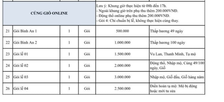 Nhiều gói dịch vụ tảo mộ online cho khách hàng lựa chọn.