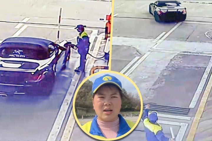 Chủ xe Porsche bỏ chạy không trả tiền đổ xăng, nhân viên trạm xăng (ảnh nhỏ) phải trả tiền. (Ảnh: QQ)