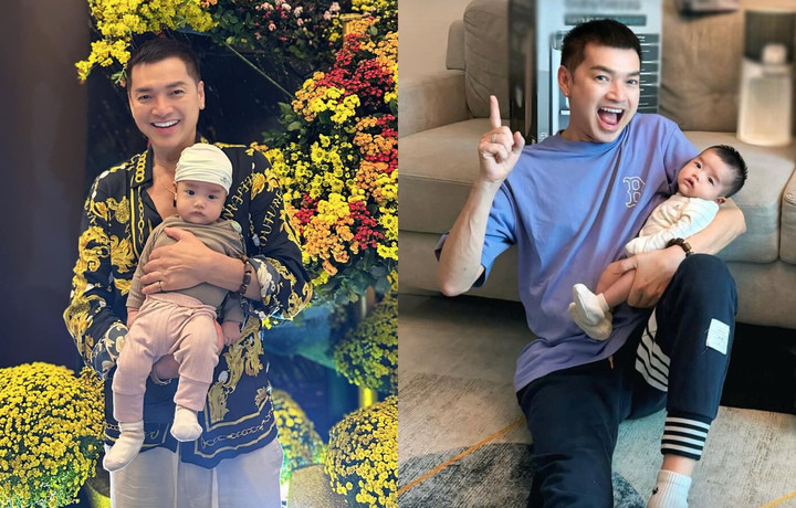 Quang Minh tự tay thay tã, chăm sóc cho con trai.