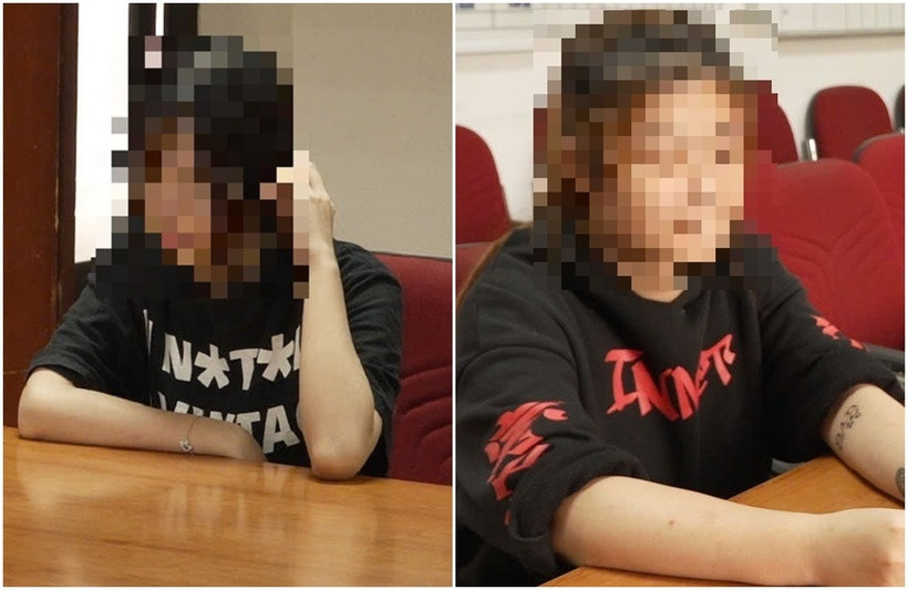 Đối tượng P.T.L.A và L.V.N.N tại cơ quan công an. Ảnh: Công an Hà Nội