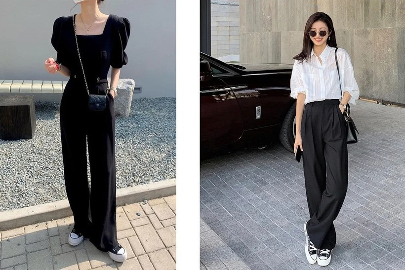 Nếu là cô nàng nấm lùn thì đừng bỏ qua việc phối áo trễ vai và quần ống rộng đen là một set đồ hack chiều cao cực kỳ hữu hiệu dành cho bạn. Ảnh minh họa