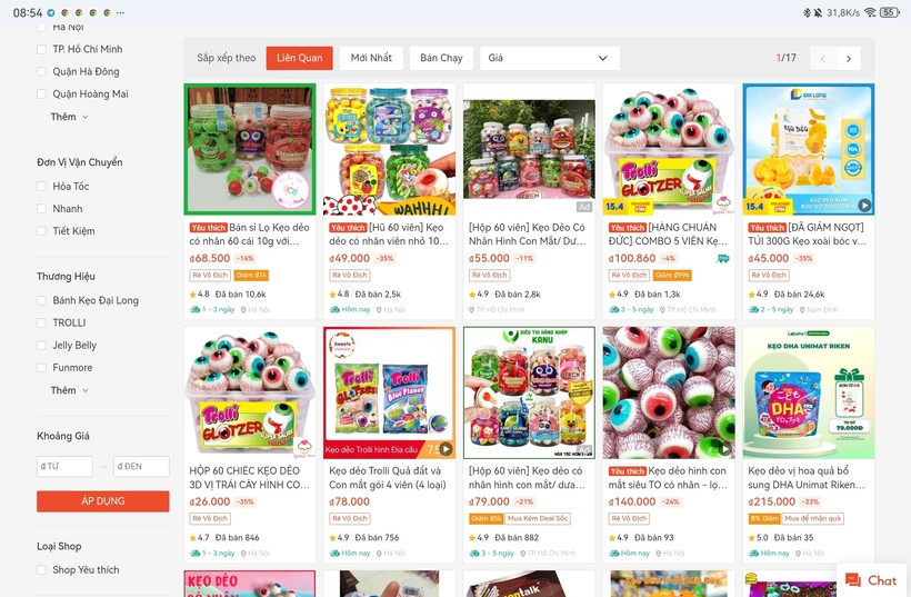 Kẹo dẻo hình con mắt được bán rộng rãi trên sàn thương mại điện tử Shopee. Ảnh chụp màn hình.