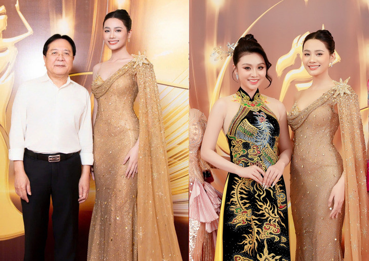 Nàng hậu ngồi ghế giám khảo cùng Nguyên thứ trưởng Bộ Văn hóa Thể thao và Du lịch Vương Duy Biên và MC Bích Truyền.