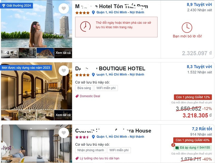 Trên các website du lịch, nhiều khách sạn thông báo hết chỗ, chỉ còn 1-2 phòng trong dịp nghỉ lễ 30/4-1/5.