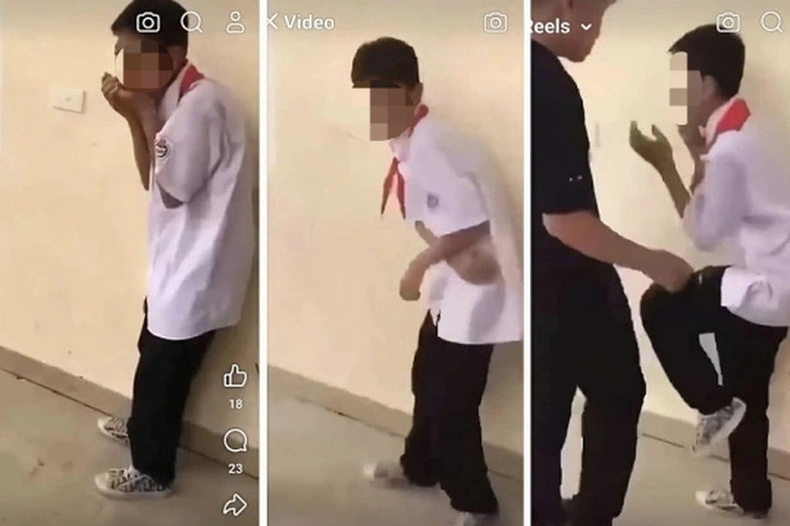 Em học sinh lớp 6 bị bạn đánh hội đồng và quay video lại tại Bắc Giang. (Ảnh chụp màn hình)