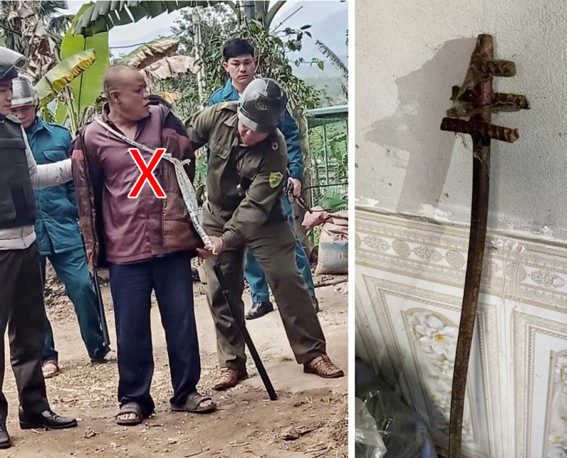 Bùi Văn Chin (X) bị lực lượng Công an bắt giữ và chiếc gậy sắt mà Chin sử dụng để sát hại người thân. (Ảnh: CAND)
