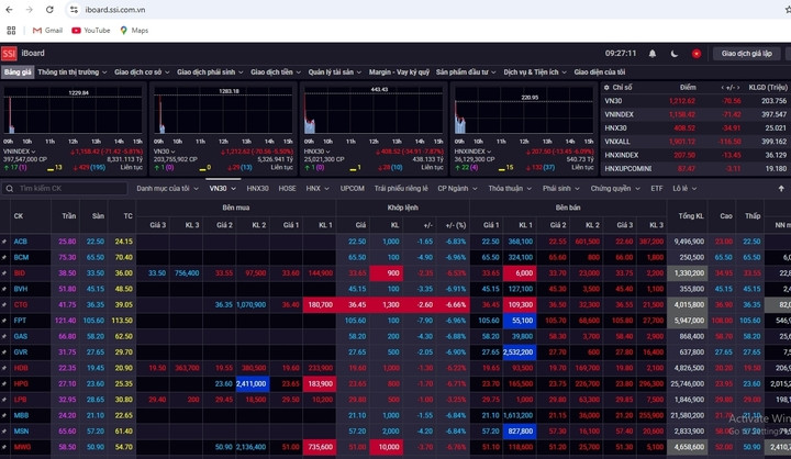 Chứng khoán Việt chìm trong sắc đỏ. (Ảnh chụp màn hình)