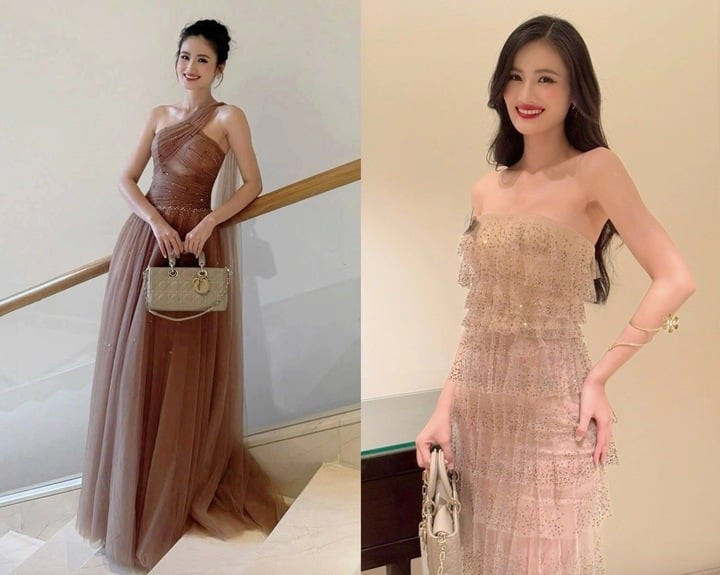 Trong các buổi tiệc tối, hoa hậu chọn đầm voan, kiểu dáng lệch vai hoặc xếp tầng theo phong cách nhẹ nhàng.