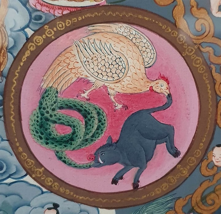 Minh họa biểu tượng Tam độc - tham, sân, si.