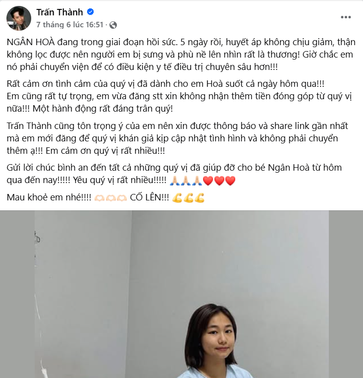 Trấn Thành gỡ vội bài đăng kêu gọi quyên góp cho Ngân Hòa chữa suy thận lý do là gì