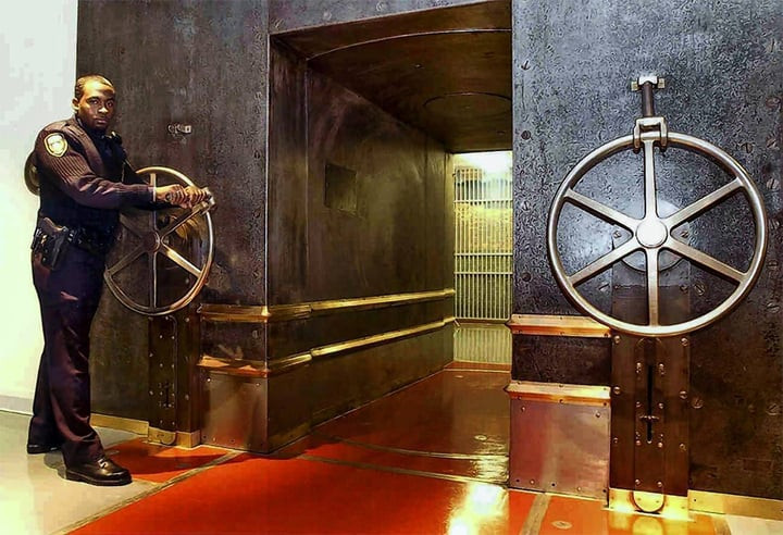 Cánh cửa kho là xi lanh thép nặng 90 tấn, nằm trong khung thép - bê tông dày tạo thành một lớp bảo vệ kín hơi và kháng nước tuyệt đối. Hệ thống an ninh bao gồm cảm biến chuyển động, camera 24/7, khóa giờ và cả lực lượng cảnh sát có vũ trang.