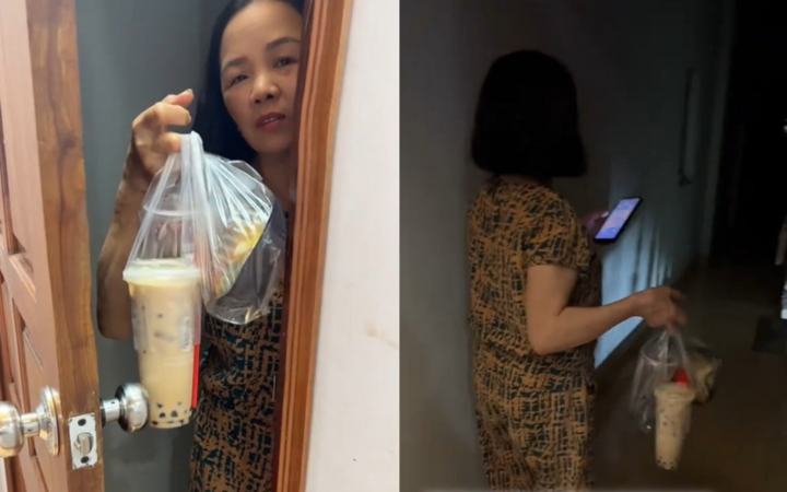 Bà Bích gõ cửa đưa trà sữa và đồ ăn vặt cho con dâu lúc 23h. (Ảnh: Tiktok/@linhnhishop22)