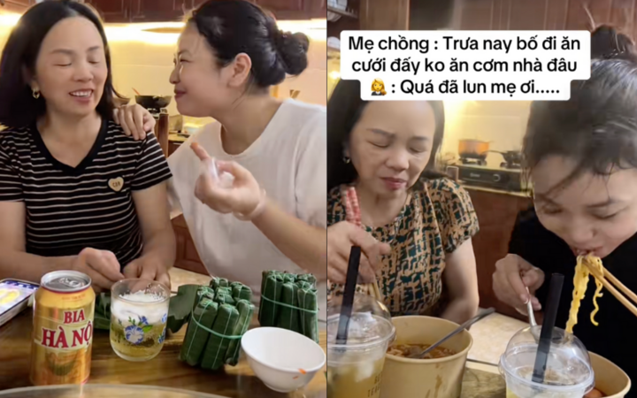 Mẹ chồng nàng dâu cùng nhau ăn mì tôm, ăn nem chua uống bia. (Ảnh: Tiktok/@linhnhishop22)