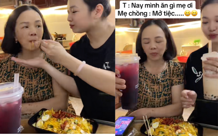 Hai mẹ con ăn bánh tráng trộn và uống trà sữa cùng nhau. (Ảnh: Tiktok/@linhnhishop22)
