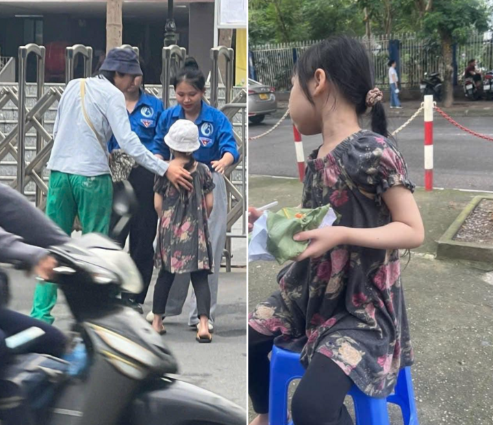 Em gái đang học lớp 2 ngồi đợi anh trai dự thi vào lớp 10.